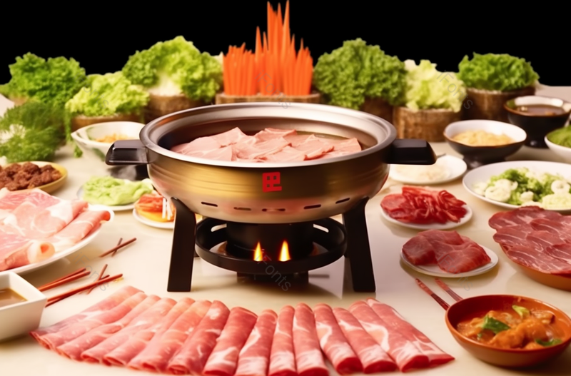 火锅四川火锅中国食物热汤肉类蔬菜肉卷新鲜食材铁锅陶瓷碗蘸料,高清,摄影图,摄影图片,图片大全,摄影图免费下载